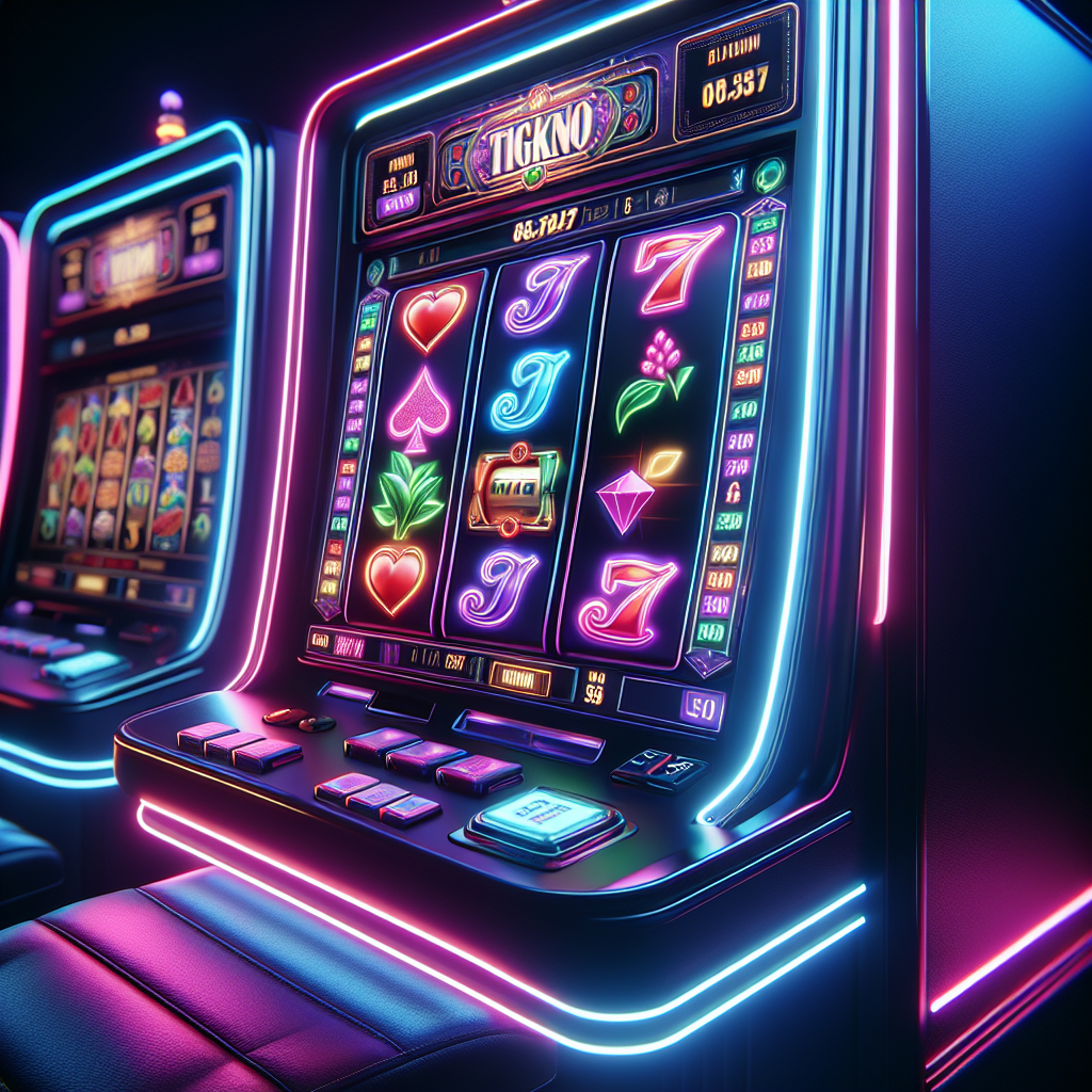 Nærbilde av en moderne 3D spilleautomat i mørk kasinoatmosfære, med levende neonfarger, dybdeeffekter og detaljerte symboler, cinematic lighting