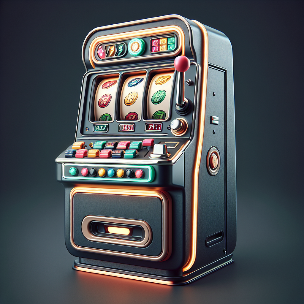 Nærbilde av en moderne enarmet banditt-spilleautomat med retro-håndtak, fargerike lys og mynter i bevegelse, høyoppløst, nordisk stil