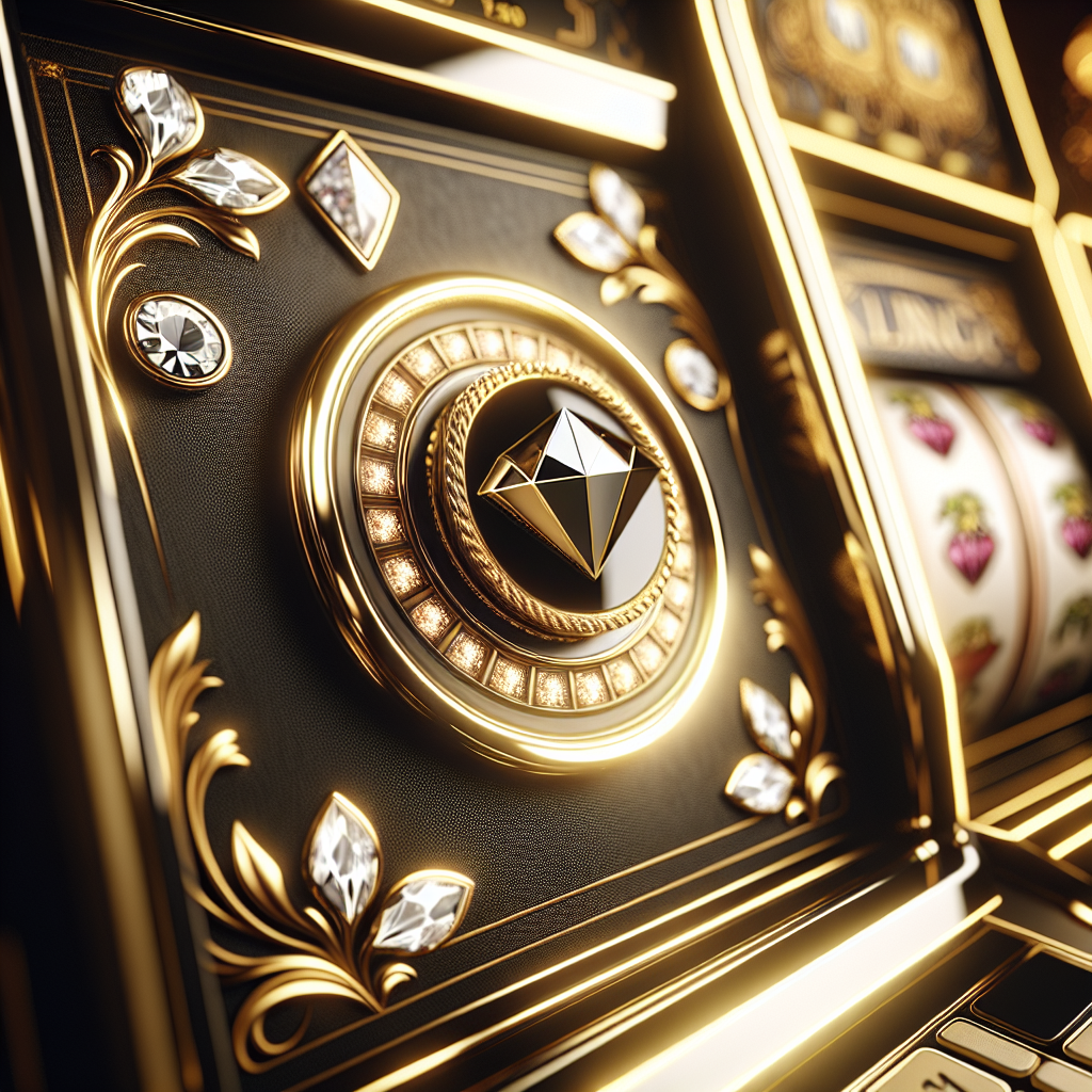 Nærbilde av en luksuriøs spilleautomat i gull og svart med juvelsymboler, VIP-casino-atmosfære, moderne brukergrensesnitt og diskret norsk detalj i bakgrunnen