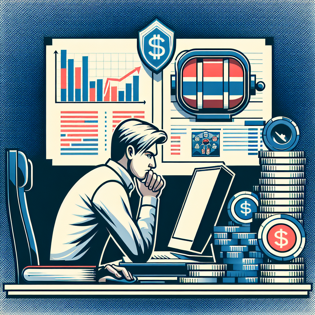 Norsk spiller som tenker strategisk ved en dataskjerm, fokus på budsjettdokumenter, myntstabler og spilleautomat-ikon i bakgrunnen, moderne stil