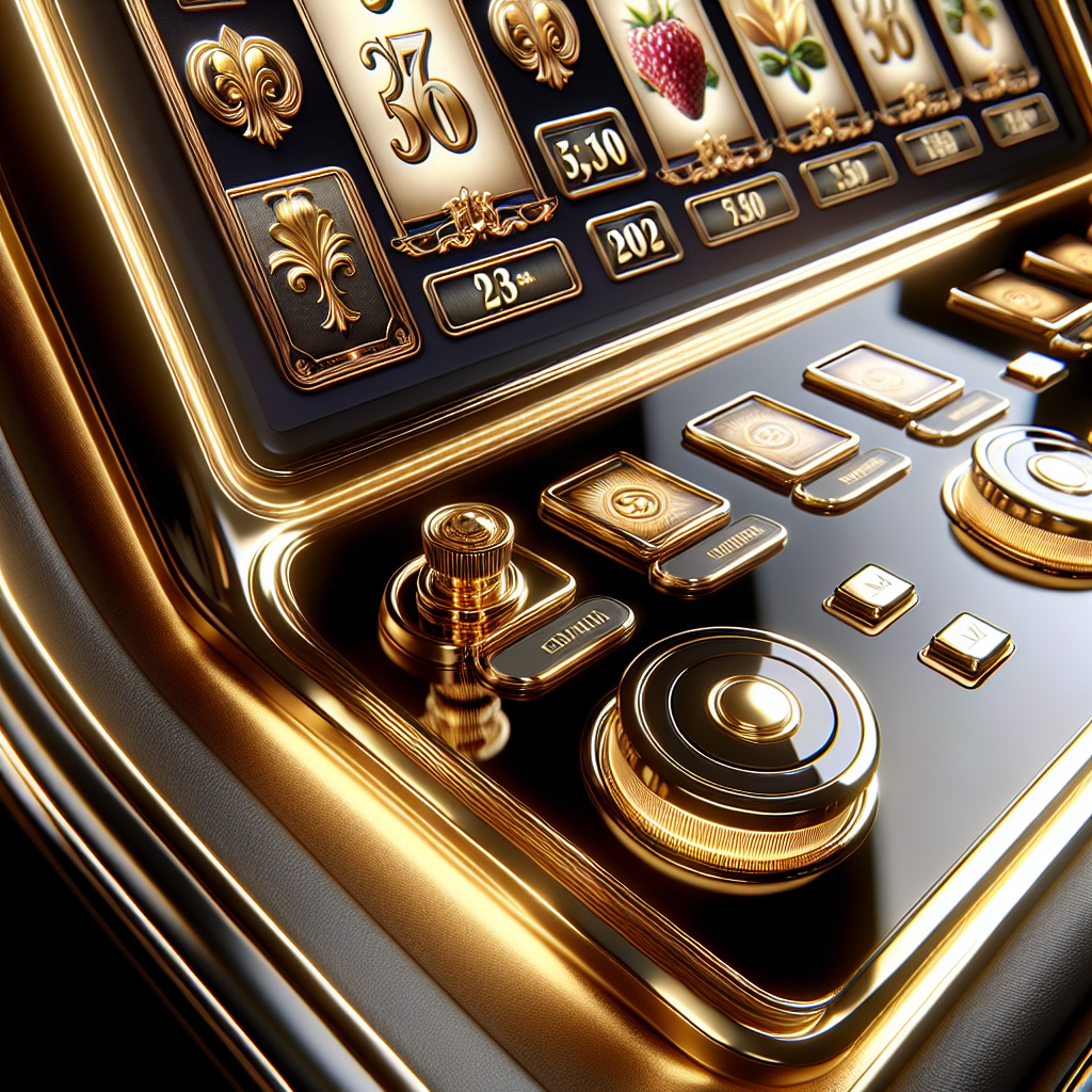 Nærbilde av en luksuriøs digital spilleautomat med gullakenter, høyoppløst 3D-grafikk, elegante UI-elementer og myke lysreflekser, premium casino-atmosfære