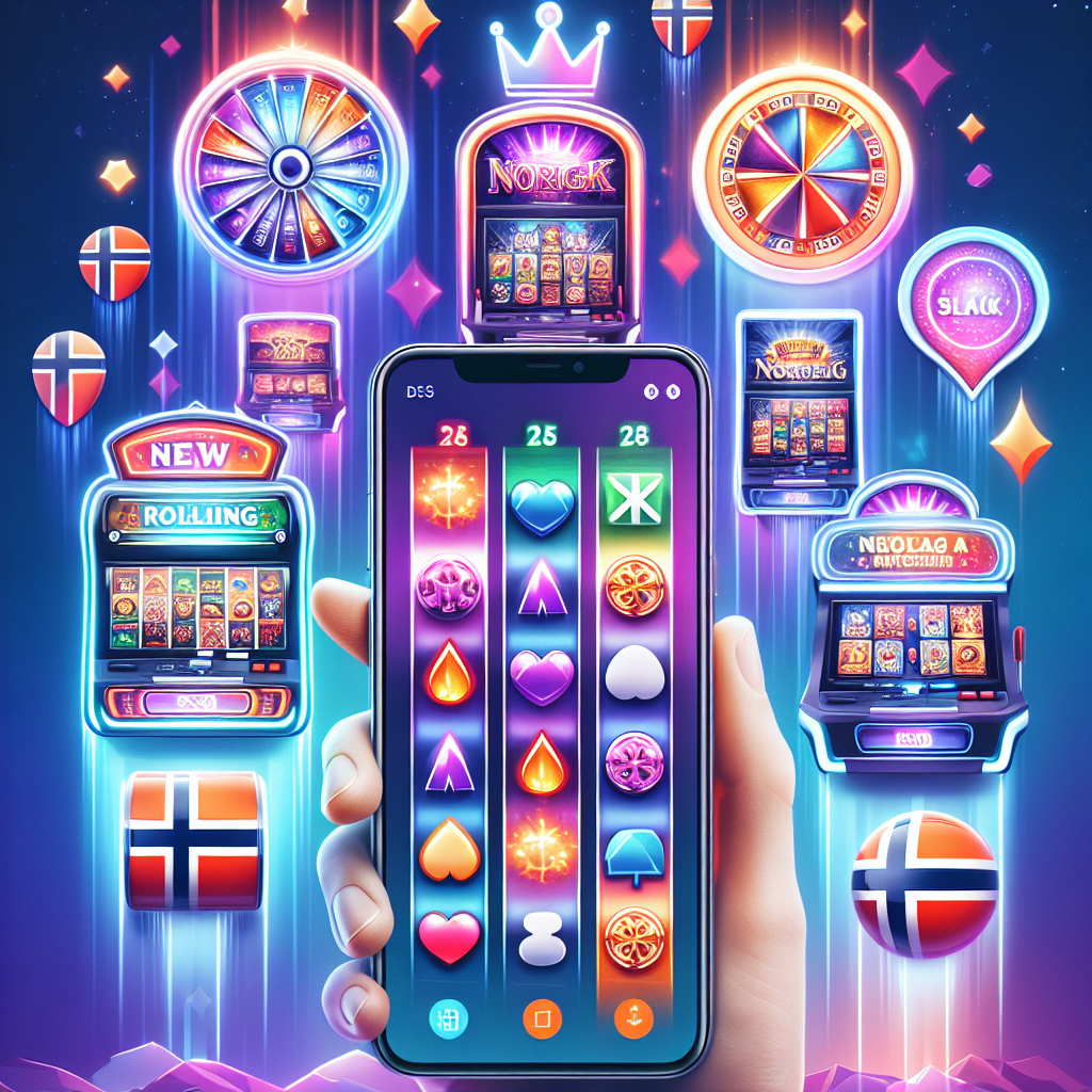 En moderne, fargerik collage av nye spilleautomater på mobilskjerm, med glødende symboler og et elegant kasino-UI i bakgrunnen, norsk stil