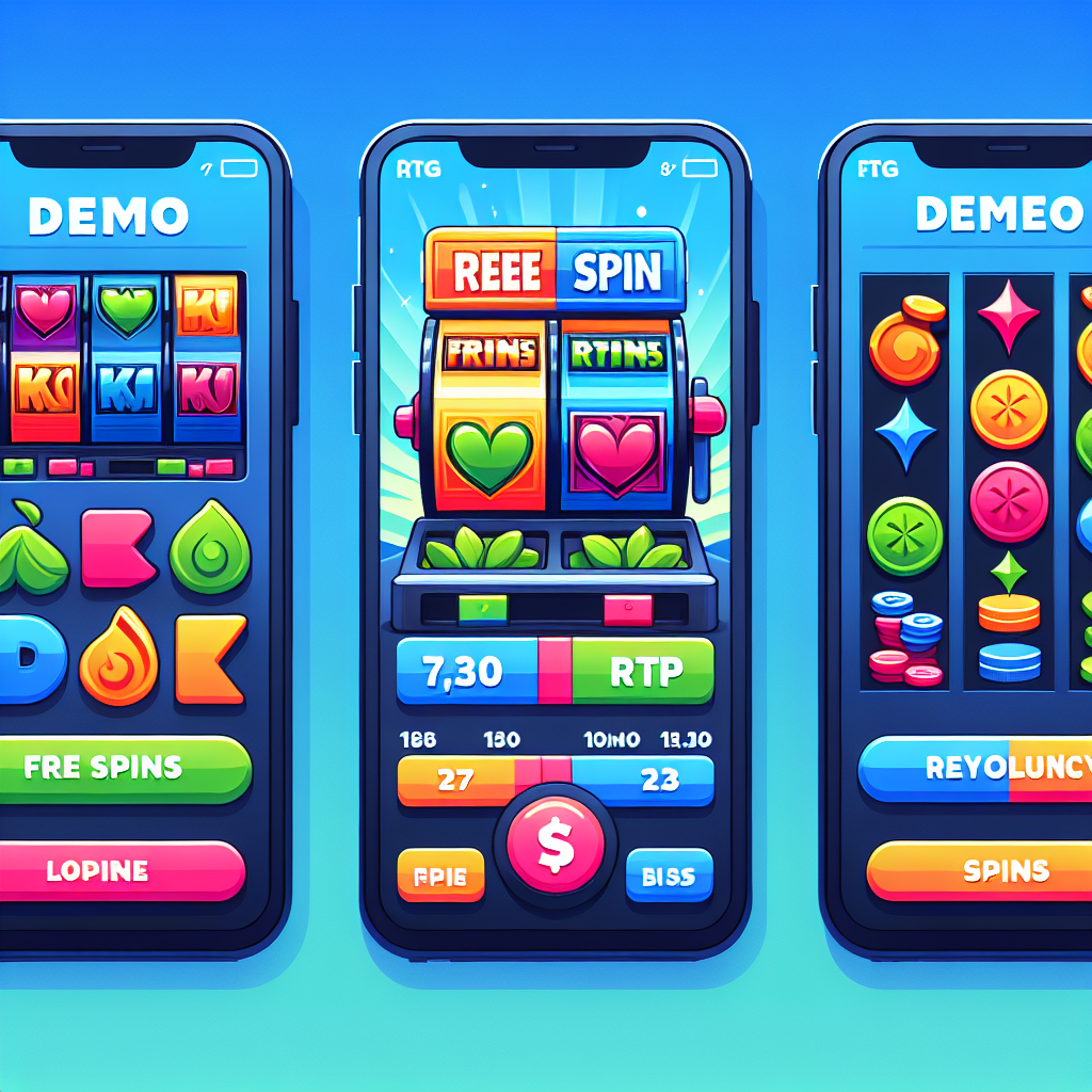 Fargerik illustrasjon av en moderne spilleautomat i demo-modus på mobil og desktop, ikoner for gratisspinn, RTP og volatilitet, vennlig og informativ stil